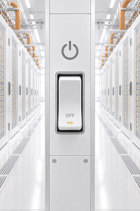Rows of illuminated data centre servers