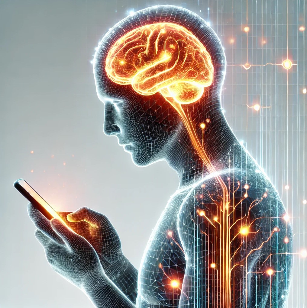 A digital human figure looking at an illuminated phone